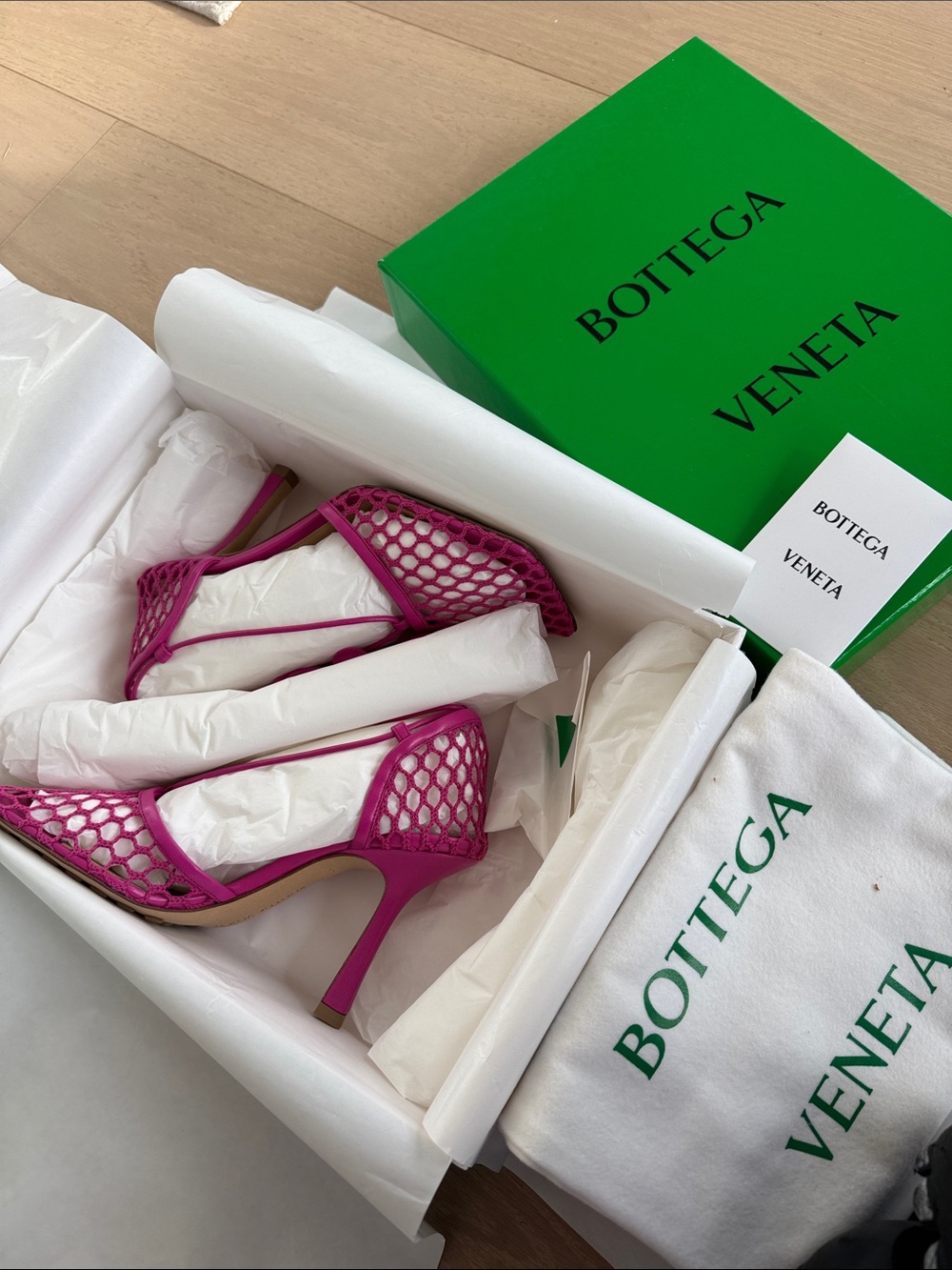 Brand New Bottega Veneta Fuchsia Mesh Stiletto Sandals